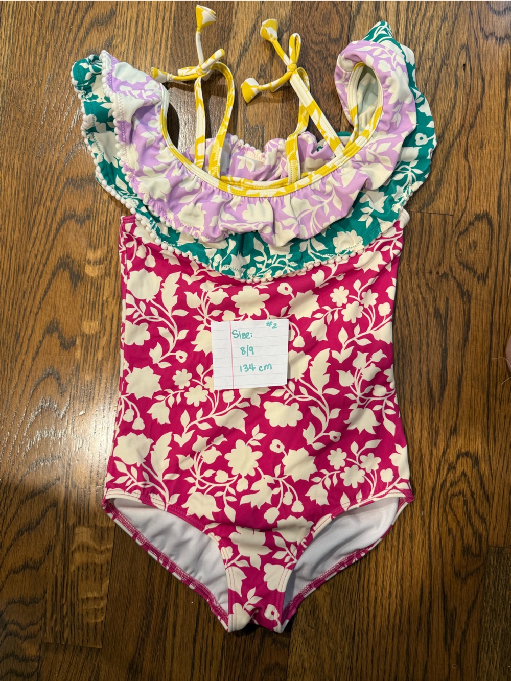 Floral Pink & Cream Girls' Swimsuit with Ruffled Bikini Set